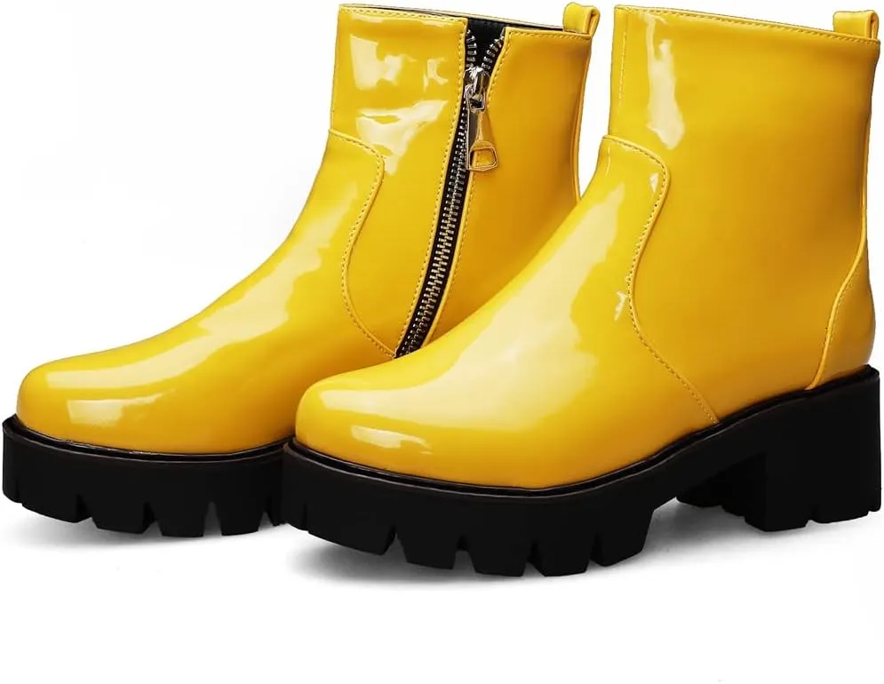 KUUTGG Women's Fashion Dressy Ankle Boots Patent Leather Round Toe Platform Zip Chunky Mid Heel Short Booties