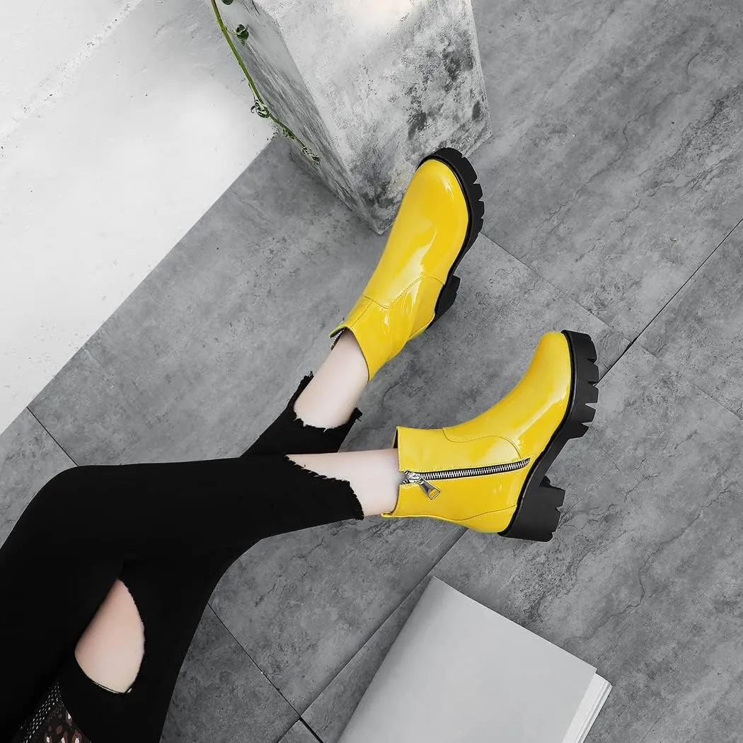 KUUTGG Women's Fashion Dressy Ankle Boots Patent Leather Round Toe Platform Zip Chunky Mid Heel Short Booties