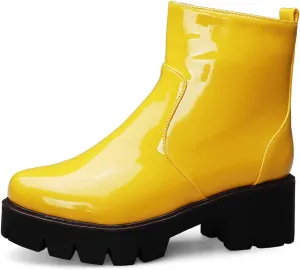 KUUTGG Women's Fashion Dressy Ankle Boots Patent Leather Round Toe Platform Zip Chunky Mid Heel Short Booties