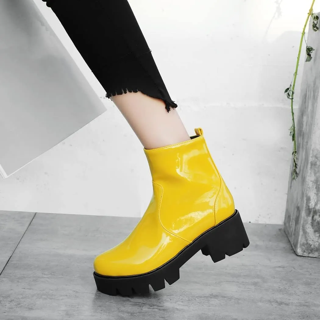 KUUTGG Women's Fashion Dressy Ankle Boots Patent Leather Round Toe Platform Zip Chunky Mid Heel Short Booties