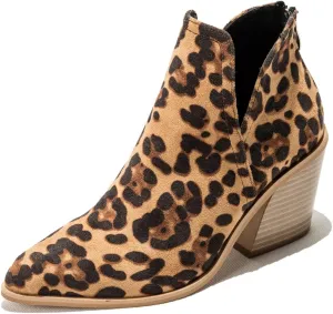 KUUTGG Women's Pointed Toe Western Ankle Boots V Cut Stacked Chunky High Heel Zipper Dressy Short Booties