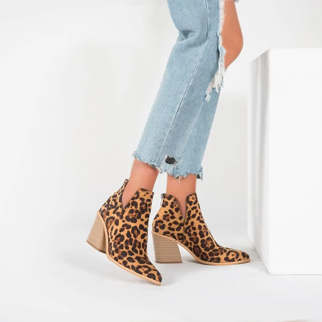KUUTGG Women's Pointed Toe Western Ankle Boots V Cut Stacked Chunky High Heel Zipper Dressy Short Booties