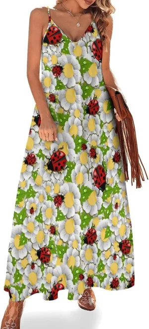 Ladybug Print Suspender Dresses Womens Sexy Ankle Length Frock Halter Skirts Sleeveless Casual Flowy Home Long Skirt