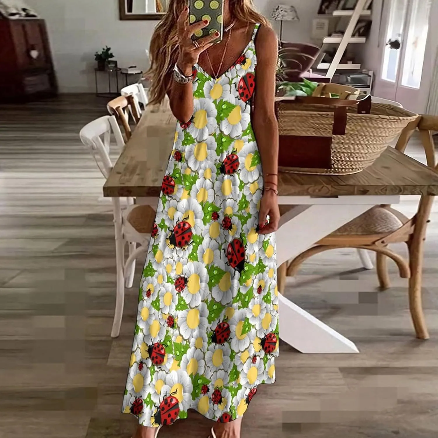 Ladybug Print Suspender Dresses Womens Sexy Ankle Length Frock Halter Skirts Sleeveless Casual Flowy Home Long Skirt