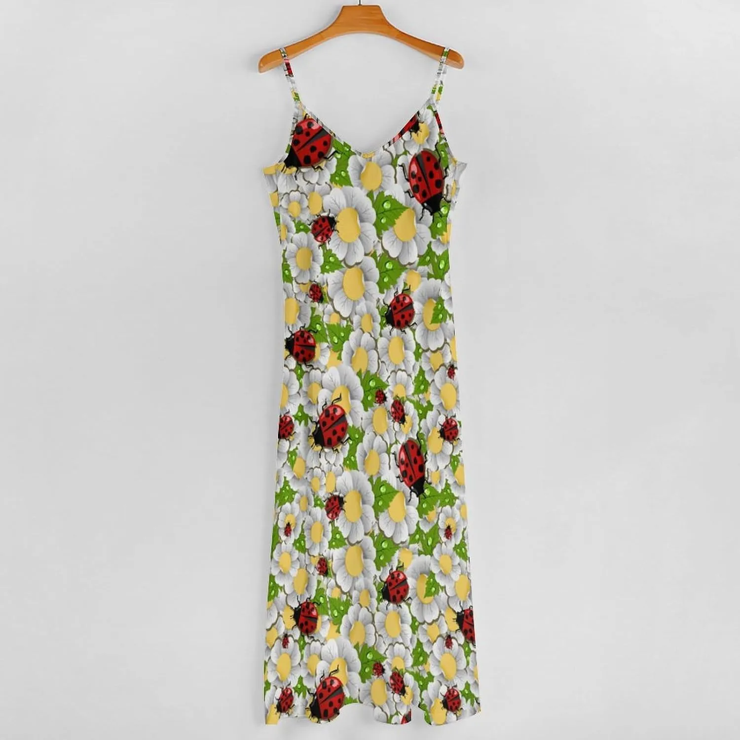 Ladybug Print Suspender Dresses Womens Sexy Ankle Length Frock Halter Skirts Sleeveless Casual Flowy Home Long Skirt