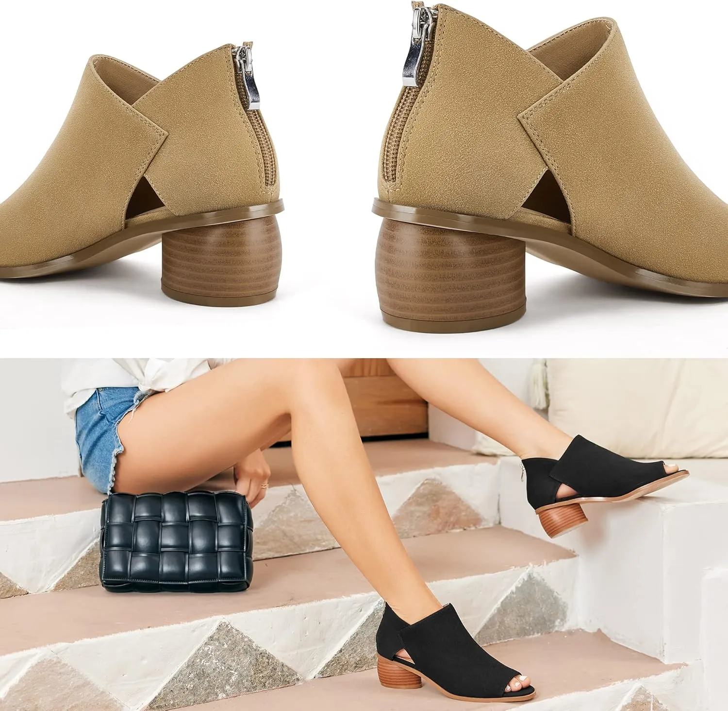 LAICIGO Womens Heeled Sandals Peep Toe Ankle Boots Chunky Heels V Cut Back Zipper Mid Heel Faux Suede Dress Pumps Shoes