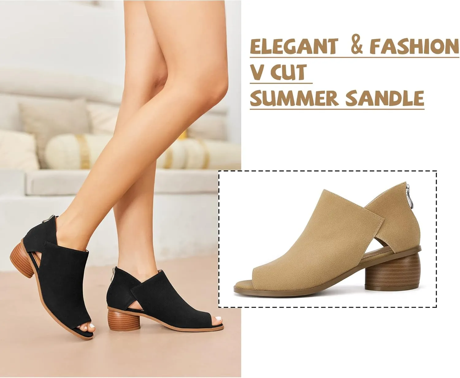 LAICIGO Womens Heeled Sandals Peep Toe Ankle Boots Chunky Heels V Cut Back Zipper Mid Heel Faux Suede Dress Pumps Shoes