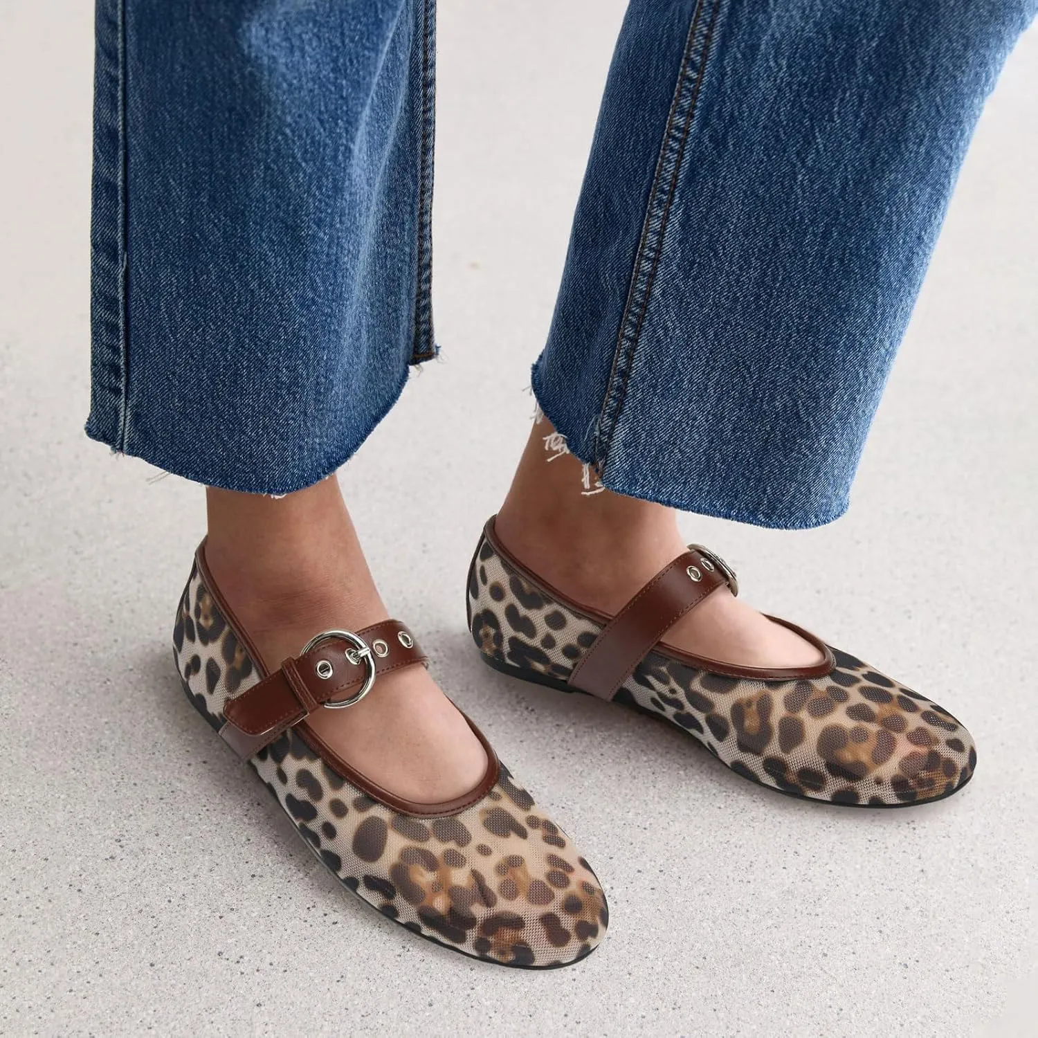 Leopard Mesh Ballet Flats for Women Round Toe Buckle Flats Slip on Mesh Mary Jane Flats Comfortable Ballerina Shoes Casual Office Shoes