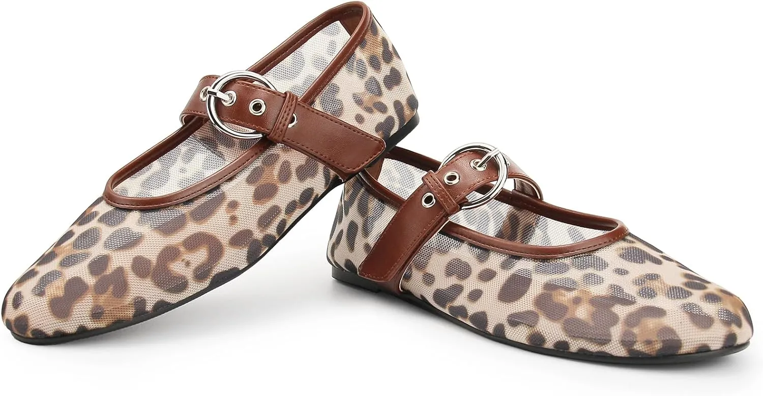 Leopard Mesh Ballet Flats for Women Round Toe Buckle Flats Slip on Mesh Mary Jane Flats Comfortable Ballerina Shoes Casual Office Shoes
