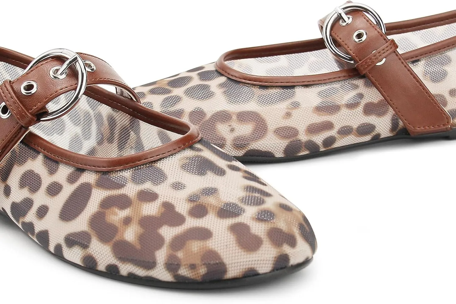 Leopard Mesh Ballet Flats for Women Round Toe Buckle Flats Slip on Mesh Mary Jane Flats Comfortable Ballerina Shoes Casual Office Shoes