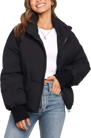 Lianlive Womens Cropped Puffer Jacket Oversized Black Short Puffy Winter Coat