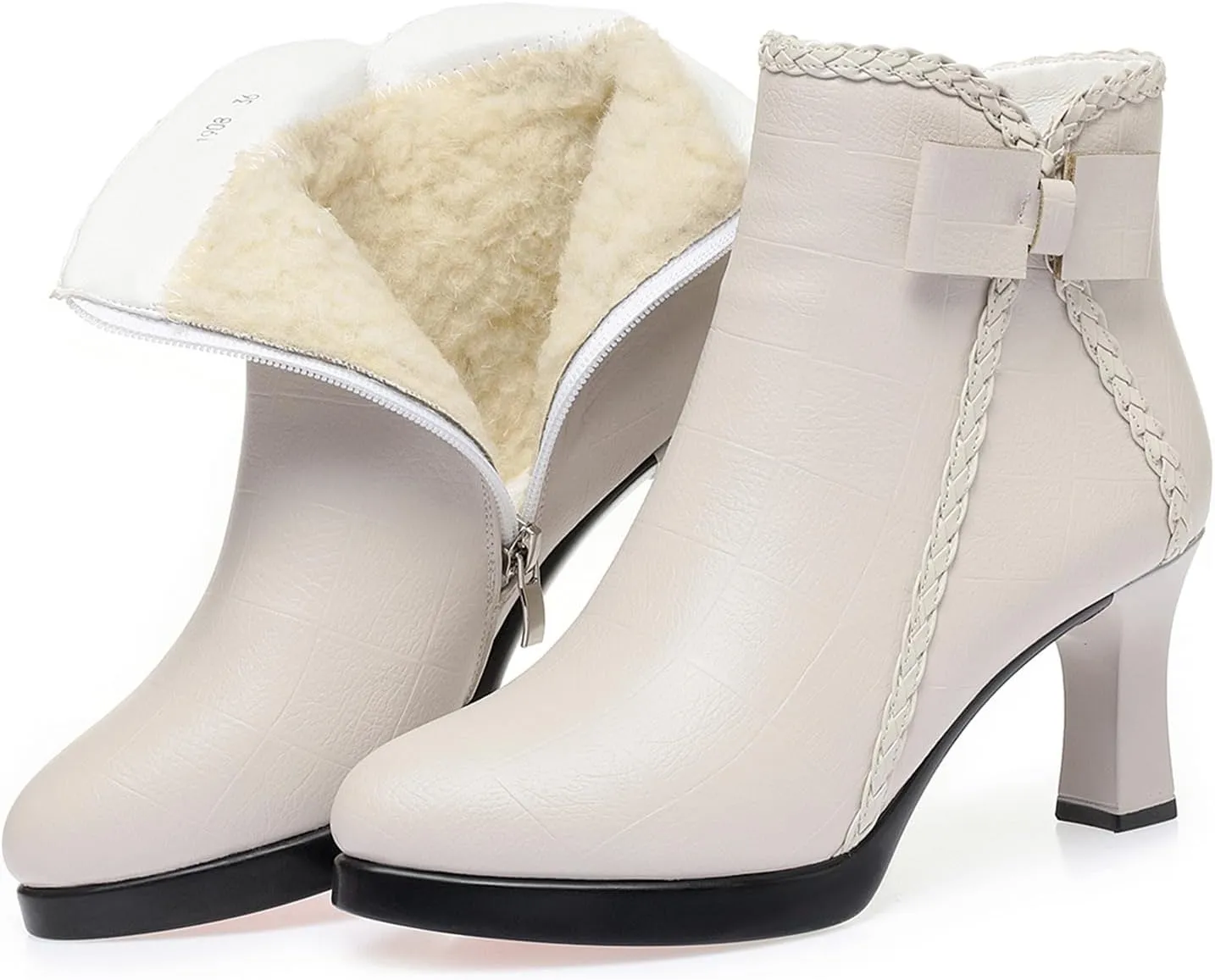 Lossarye Women’s Pointed Toe High Heel Ankle Boots Side Zip Comfortable Fur Lined Autumn Winter Kitten Heel Dress Booties