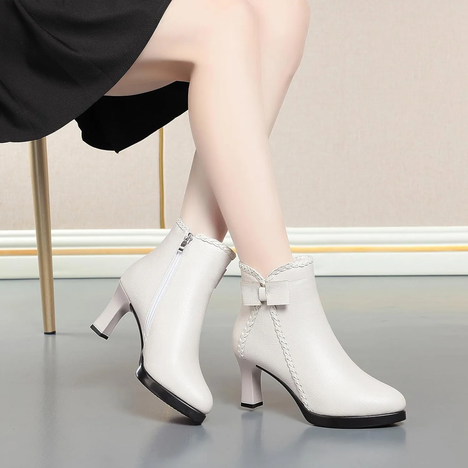 Lossarye Women’s Pointed Toe High Heel Ankle Boots Side Zip Comfortable Fur Lined Autumn Winter Kitten Heel Dress Booties