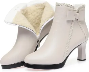 Lossarye Women’s Pointed Toe High Heel Ankle Boots Side Zip Comfortable Fur Lined Autumn Winter Kitten Heel Dress Booties