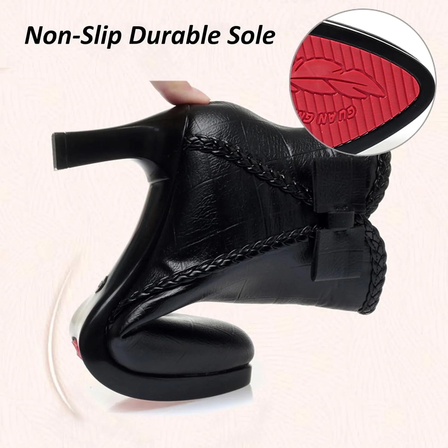 Lossarye Women’s Pointed Toe High Heel Ankle Boots Side Zip Comfortable Fur Lined Autumn Winter Kitten Heel Dress Booties