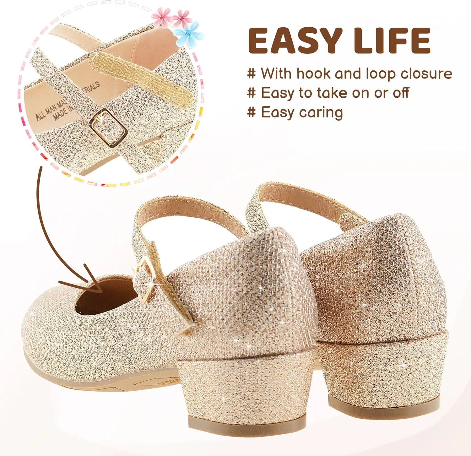 LseLom Girls Dress Shoes-Mary Jane Shoes for Girls Low Heel Princess Hook and Loop Dress Shoes Party Wedding Flats for Little/Big Kids