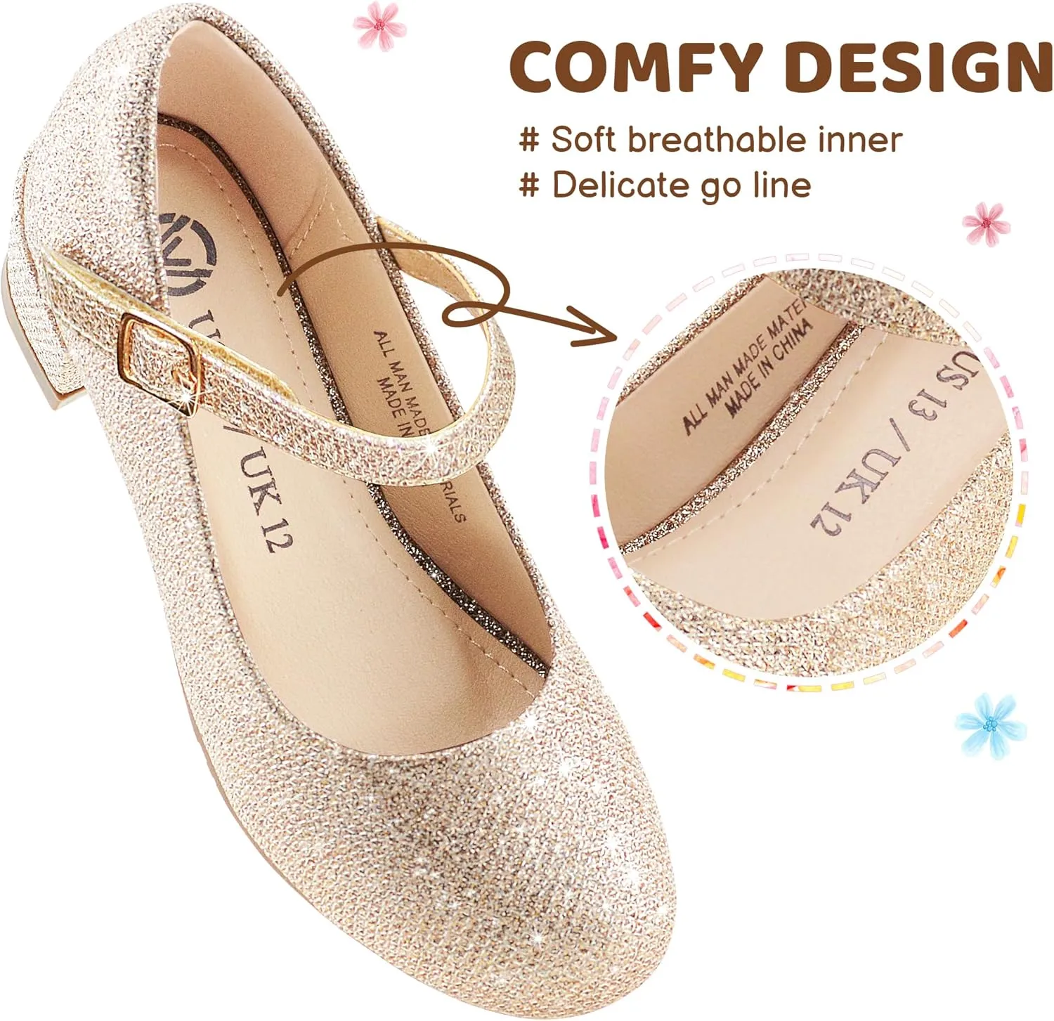 LseLom Girls Dress Shoes-Mary Jane Shoes for Girls Low Heel Princess Hook and Loop Dress Shoes Party Wedding Flats for Little/Big Kids