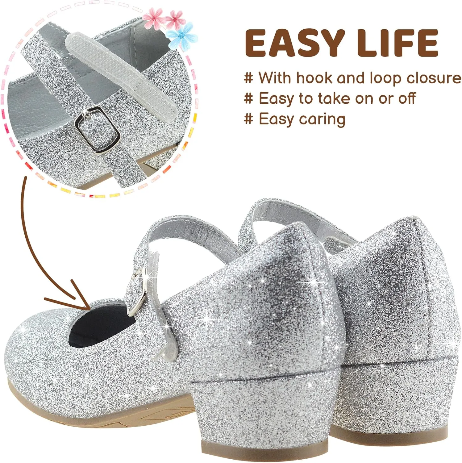 LseLom Girls Dress Shoes-Mary Jane Shoes for Girls Low Heel Princess Hook and Loop Dress Shoes Party Wedding Flats for Little/Big Kids