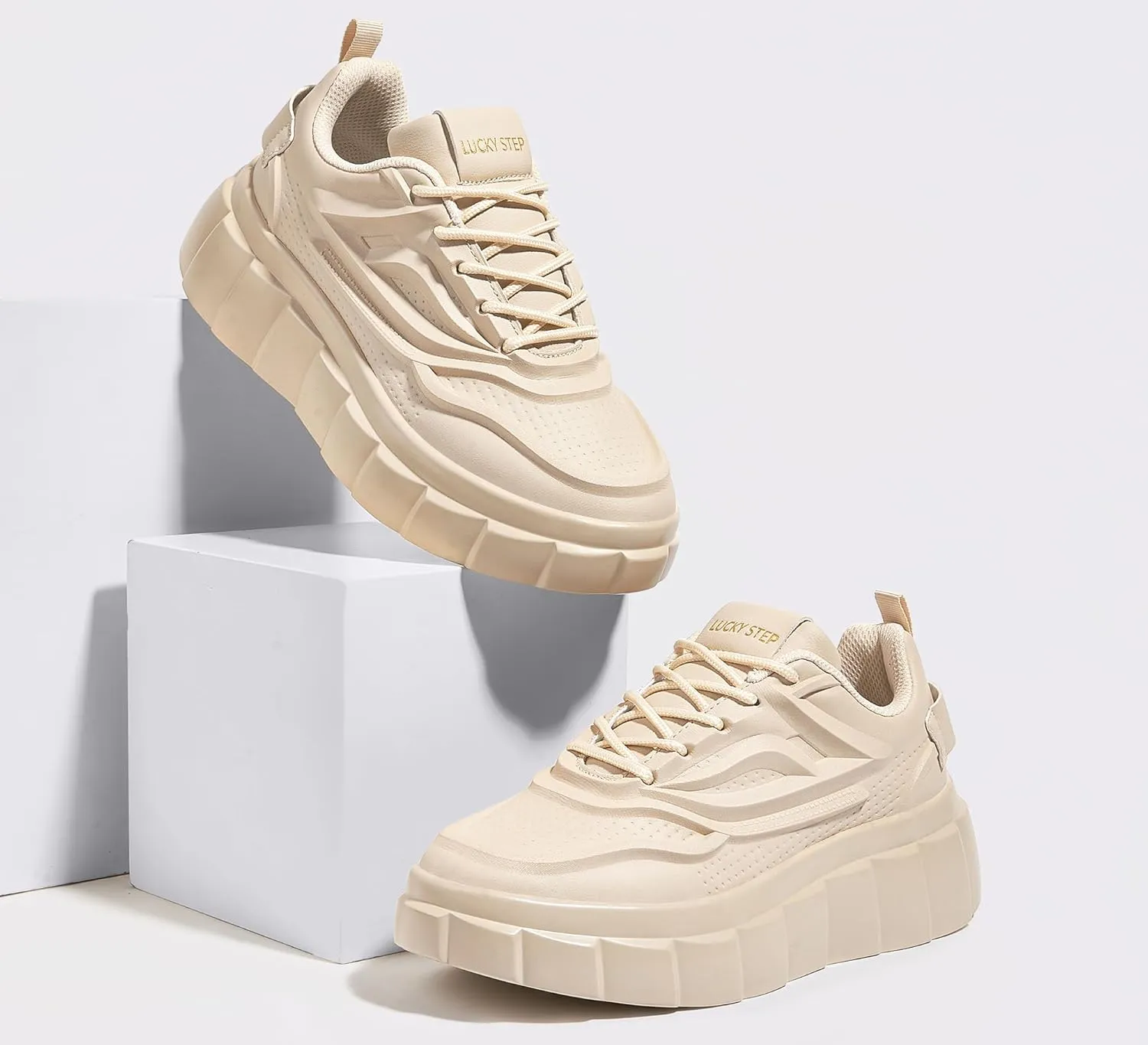 LUCKY STEP Women's Platform Fashion Sneakers Classic Tennis Faux Leather Low Top Casual Walking Shoes