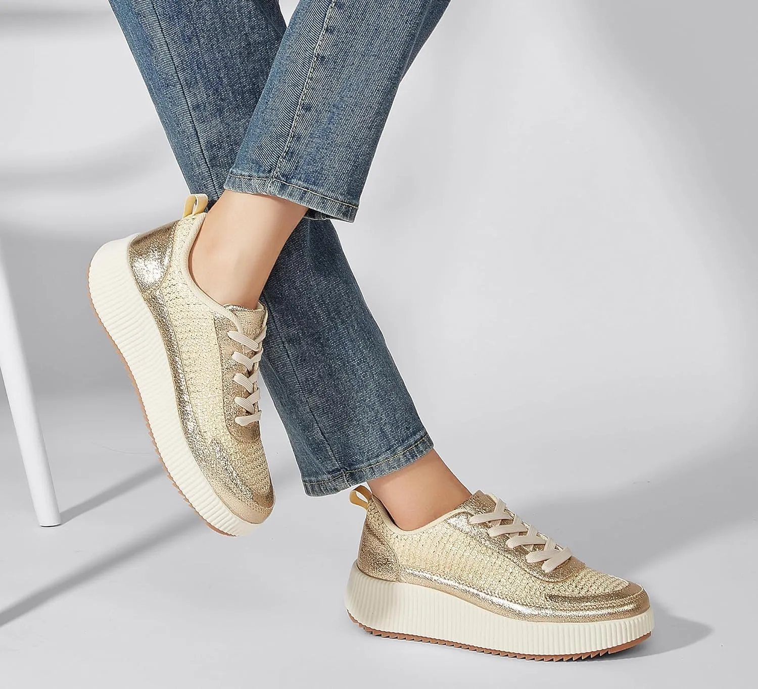LUCKY STEP Women's Platform Sneakers Rhinestone Fashion Chunky Casual Sparkly Retro Braided Walking Shoes