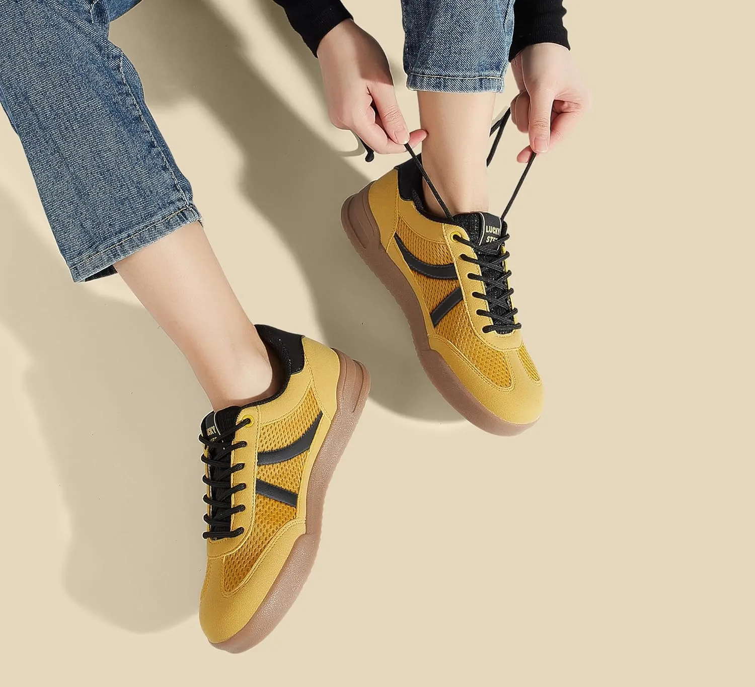 LUCKY STEP Women's Retro Fashion Sneakers Classic Mesh Gum Sole Tennis Footwear Casual Running Trainer Skate Walking Shoes