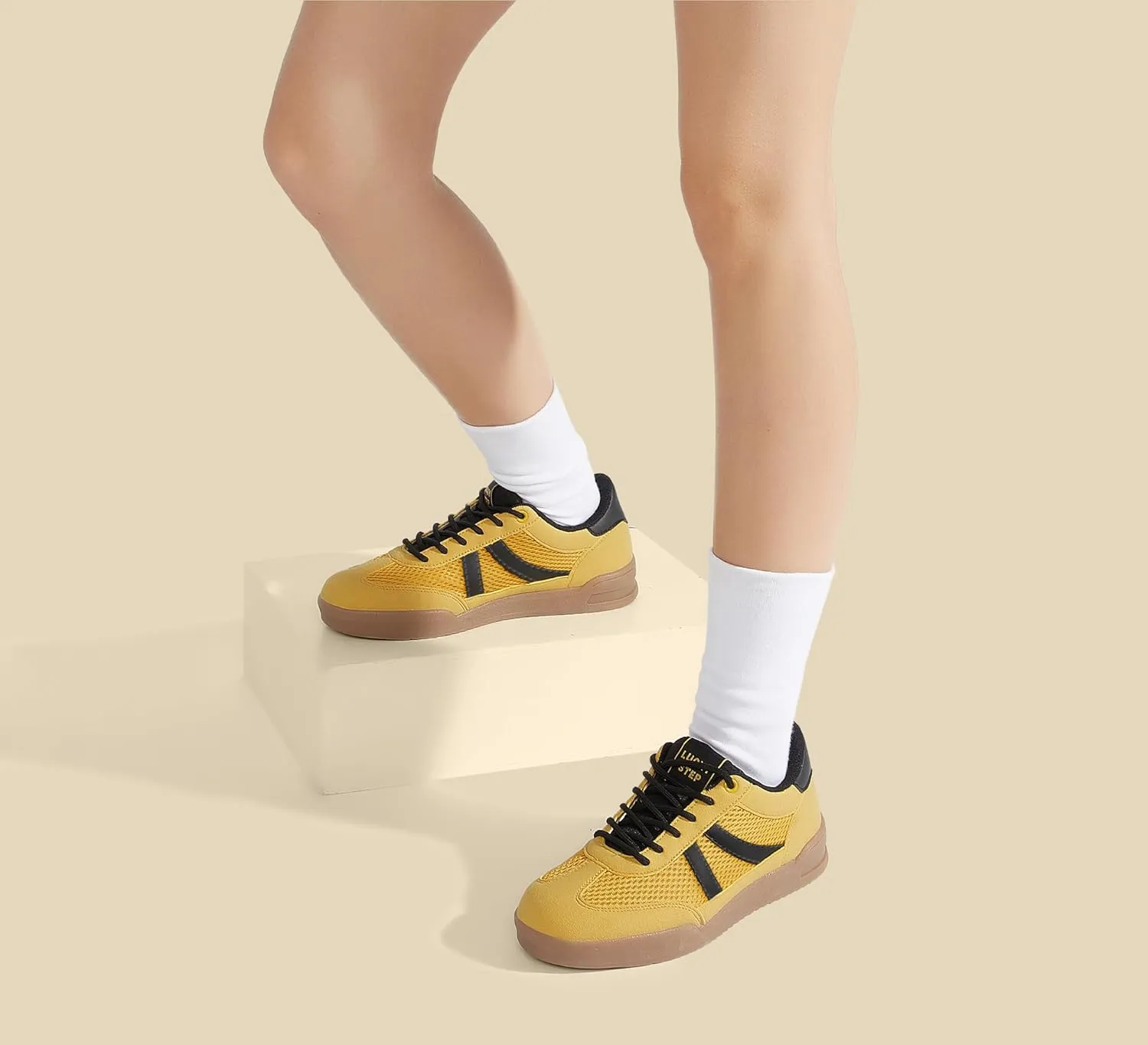 LUCKY STEP Women's Retro Fashion Sneakers Classic Mesh Gum Sole Tennis Footwear Casual Running Trainer Skate Walking Shoes