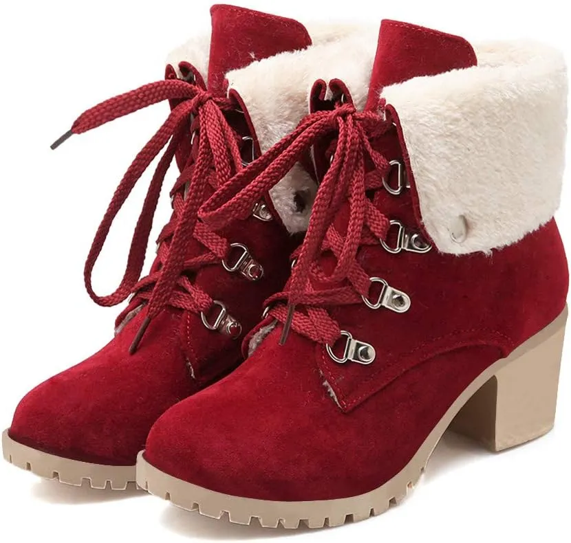 LUXMAX Women Lace Up Fold Over Ankle Boots Block Heel Winter Warm Booties