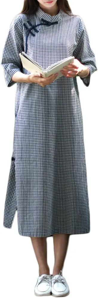 LUZU JUNU Women's Retro Chinese Cheongsam Cotton Linen Plaid Dress Side-Slit Casual Style