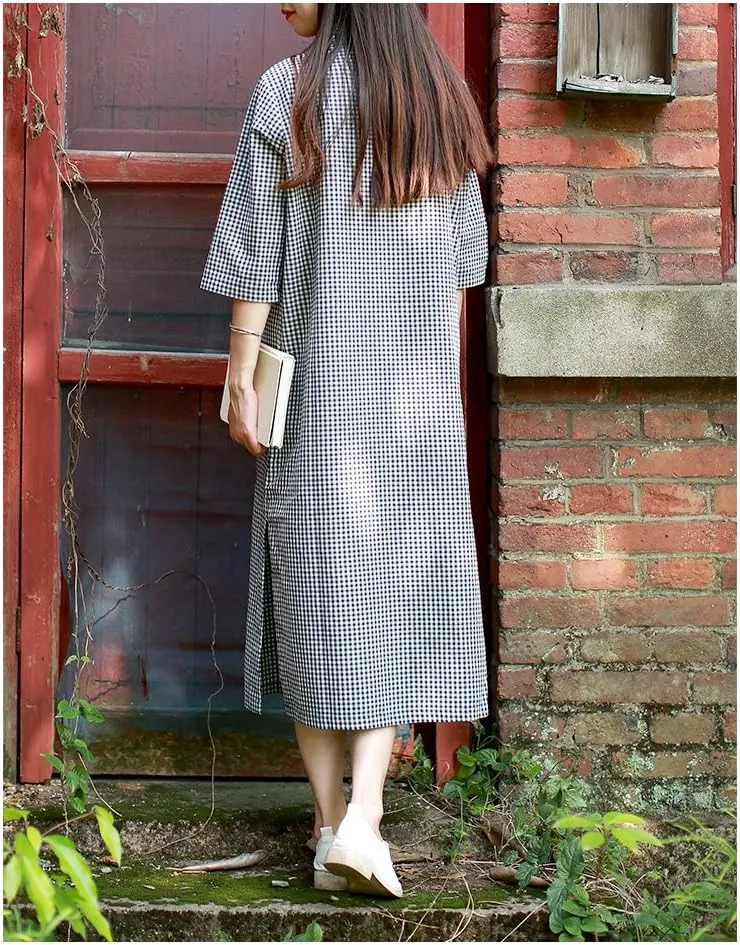 LUZU JUNU Women's Retro Chinese Cheongsam Cotton Linen Plaid Dress Side-Slit Casual Style