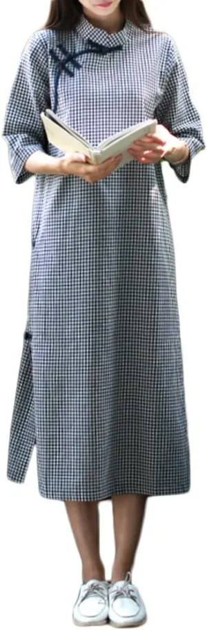 LUZU JUNU Women's Retro Chinese Cheongsam Cotton Linen Plaid Dress Side-Slit Casual Style
