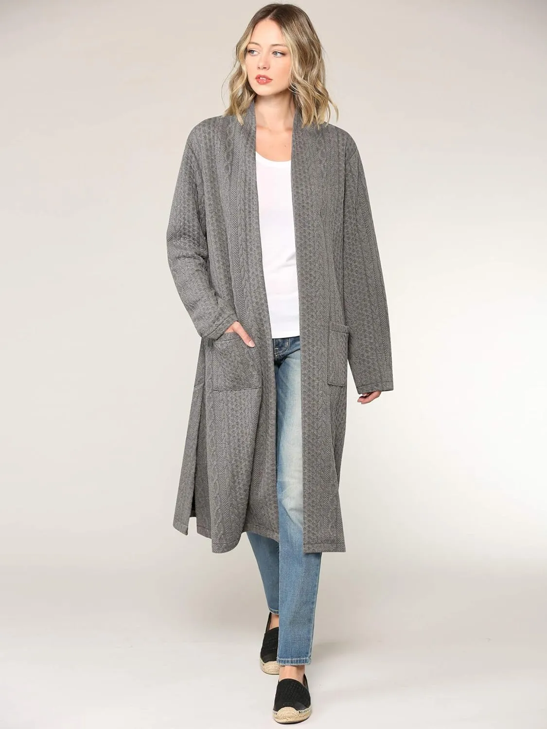 Made By Johnny Women's Casual Cozy Braided Open Front Long Pocket Cardigan Sweater