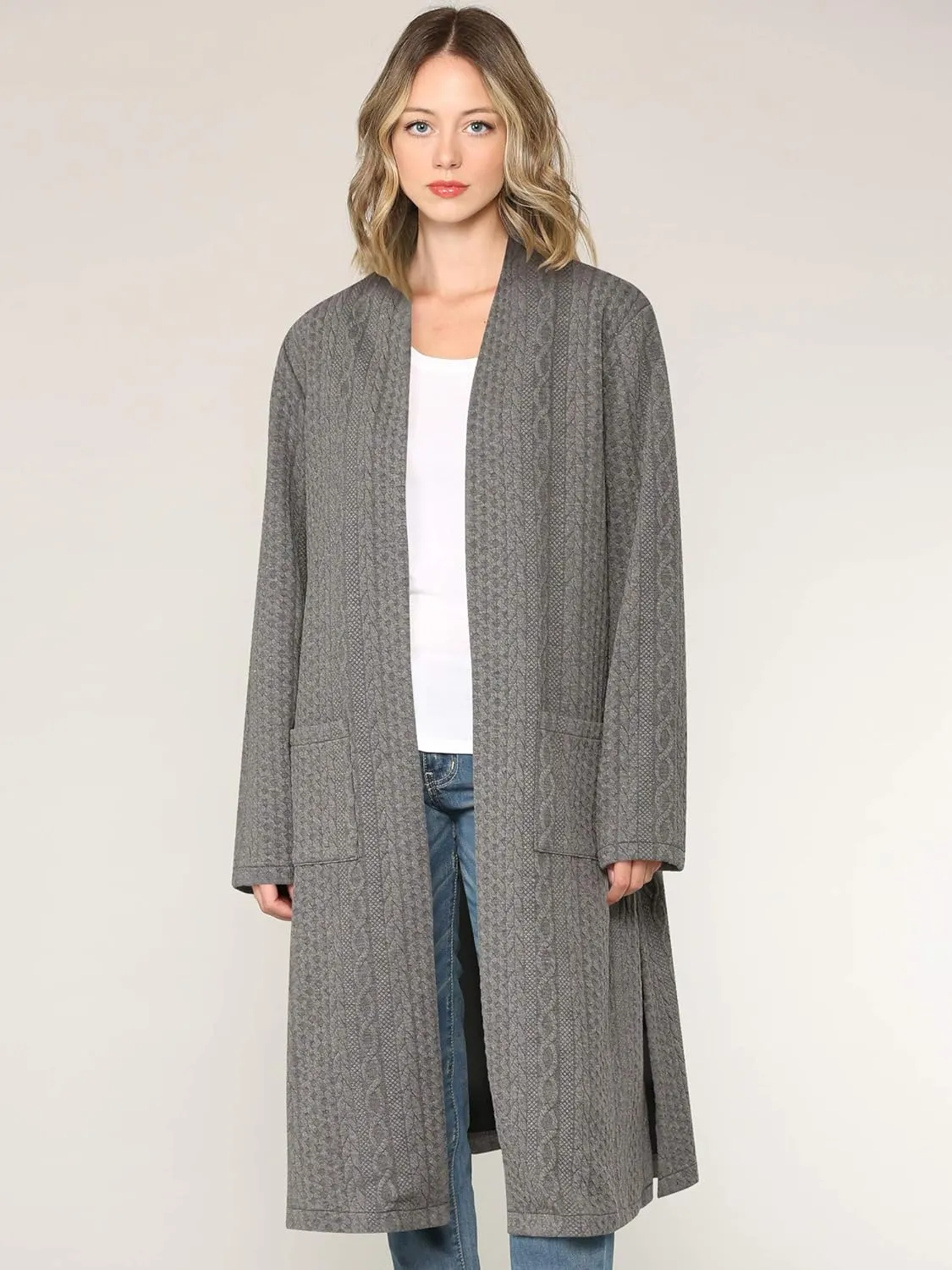 Made By Johnny Women's Casual Cozy Braided Open Front Long Pocket Cardigan Sweater