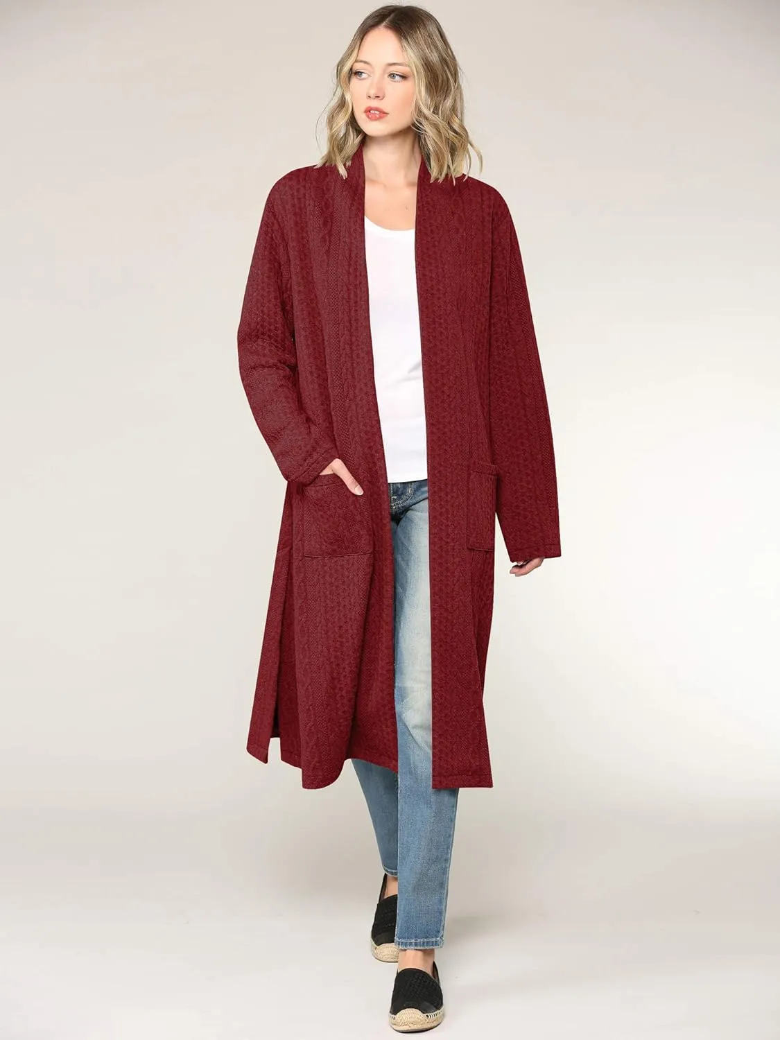 Made By Johnny Women's Casual Cozy Braided Open Front Long Pocket Cardigan Sweater