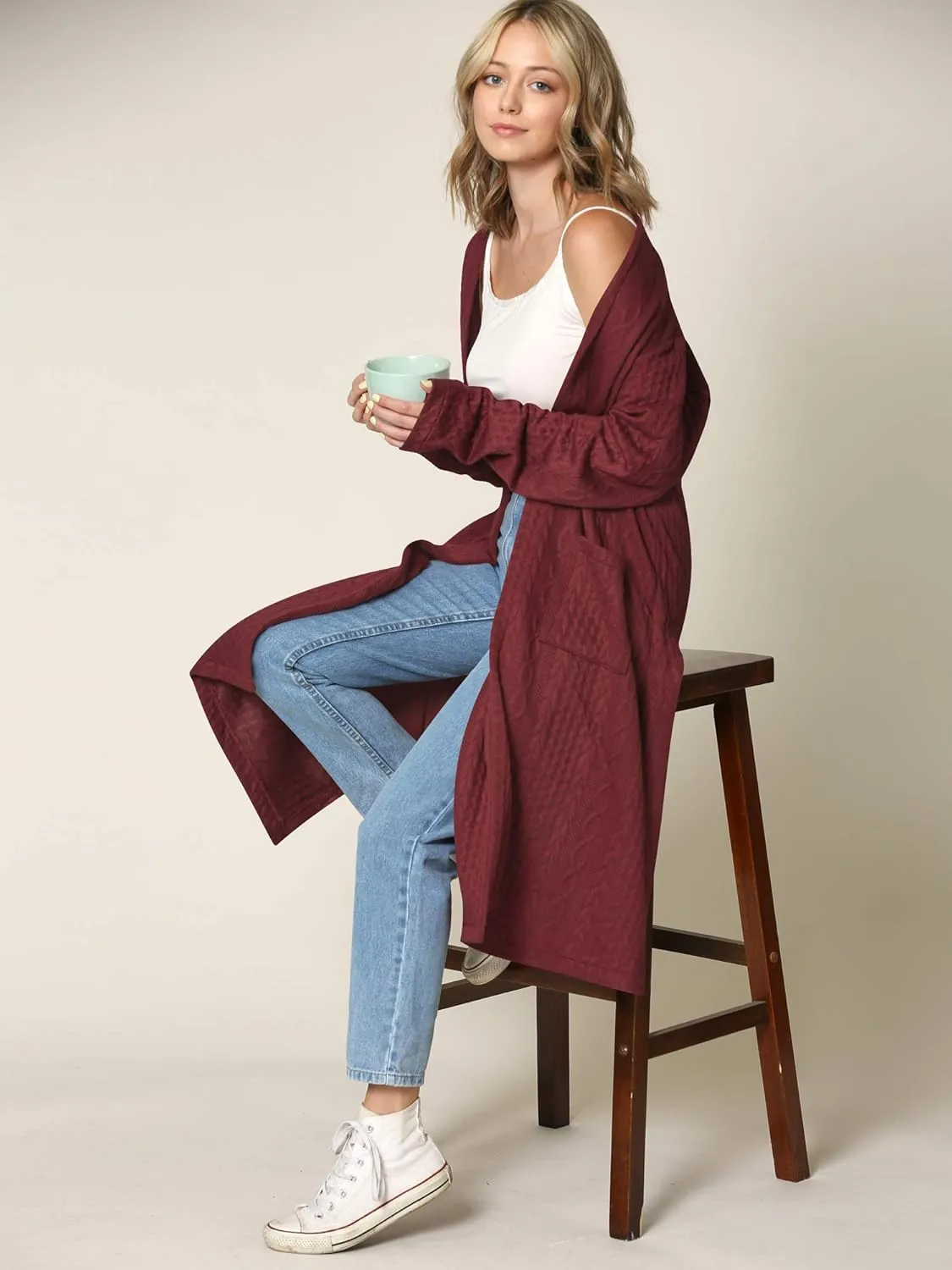 Made By Johnny Women's Casual Cozy Braided Open Front Long Pocket Cardigan Sweater