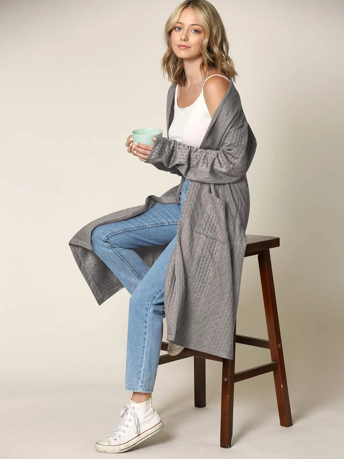 Made By Johnny Women's Casual Cozy Braided Open Front Long Pocket Cardigan Sweater