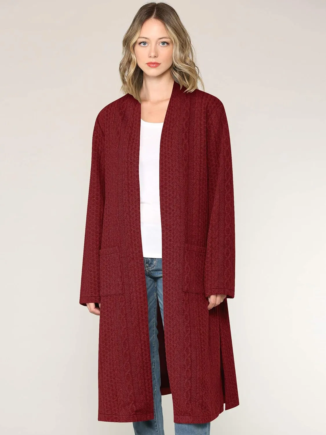 Made By Johnny Women's Casual Cozy Braided Open Front Long Pocket Cardigan Sweater