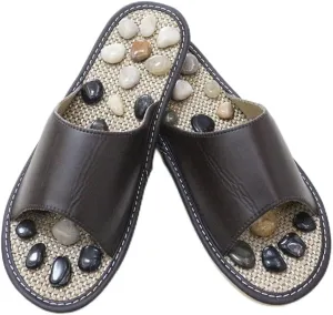 Massage Slippers For Men,Women Unisex Washable Cotton Open-Toe Home Slippers Indoor Shoes Casual Flax Soft Non-Slip Sole Shoes With Natural Cobblestone Stones ( Color : Black brown , Size : EUR44 )
