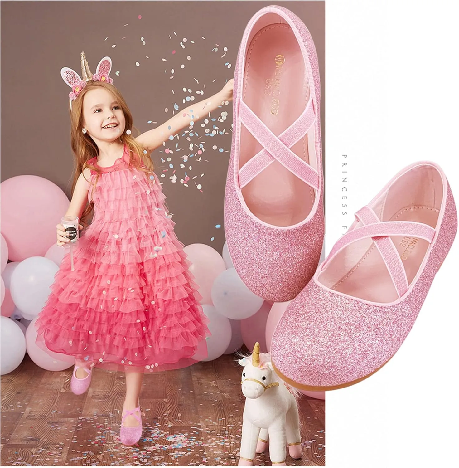Mei MACLEOD Girls Ballet Flats Glitter Mary Jane Dress Shoes Ballerina