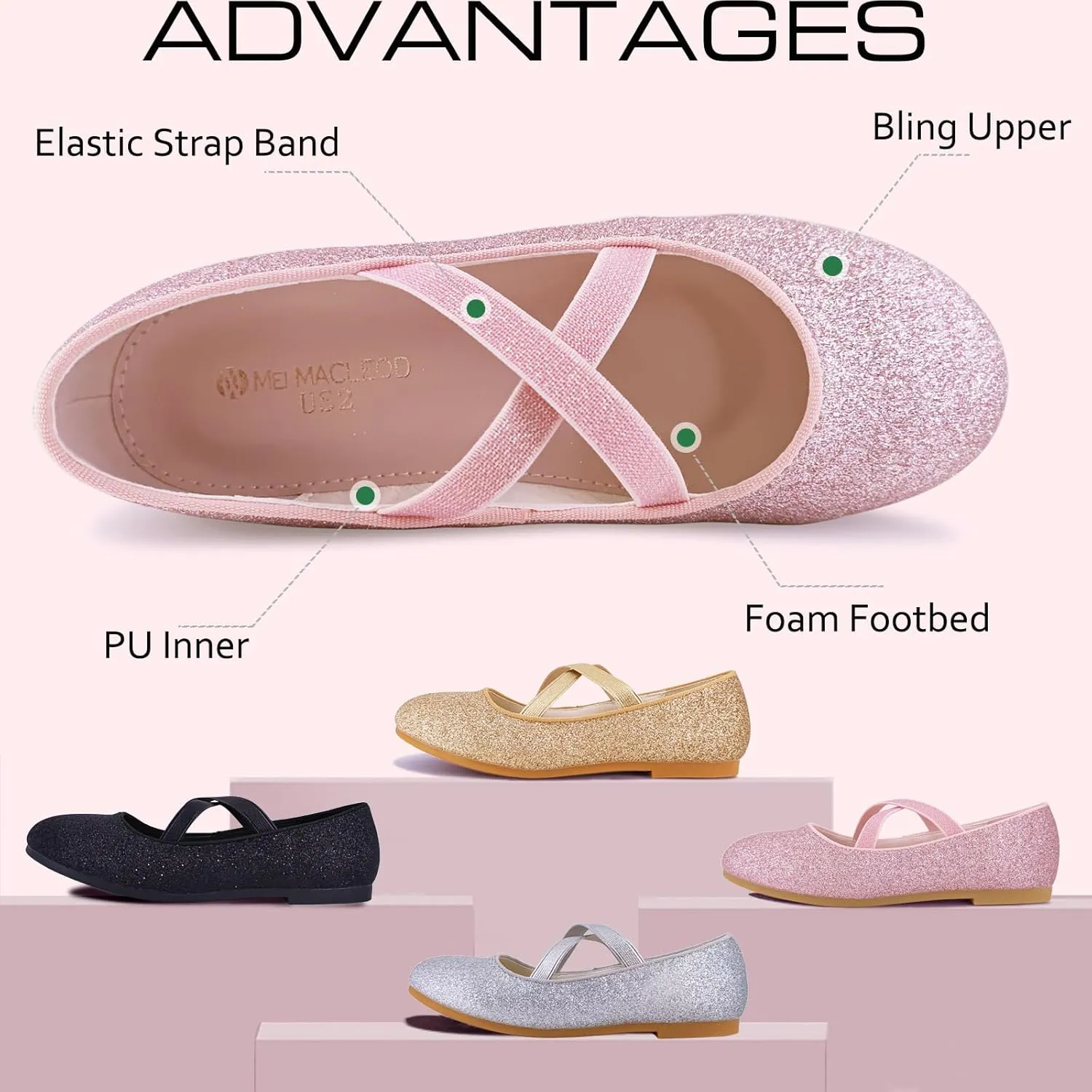 Mei MACLEOD Girls Ballet Flats Glitter Mary Jane Dress Shoes Ballerina