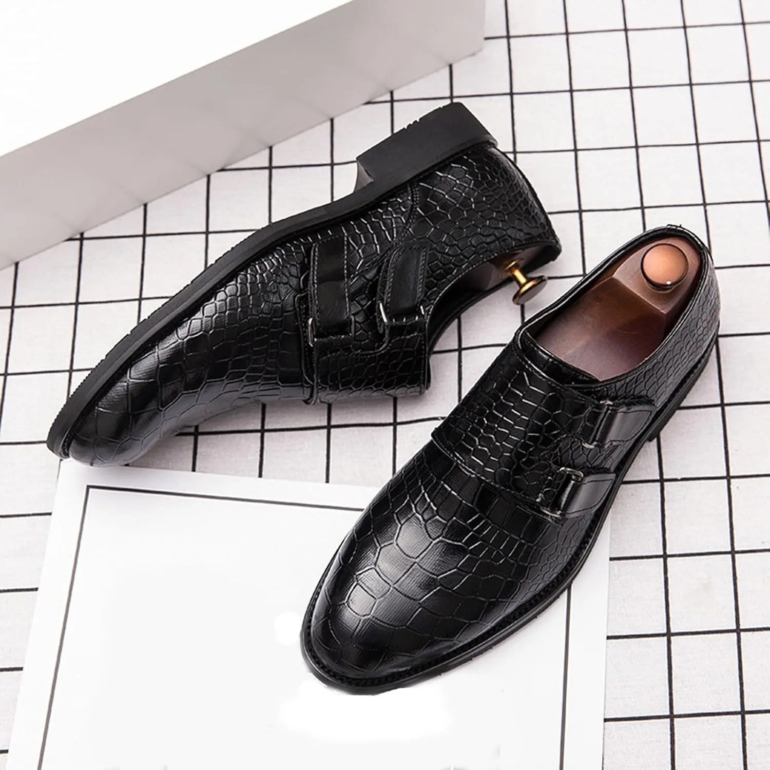 Men's Leather Print Slip-on Dressy Loafers,Fashion Double Monk Strap Business Casual Brogue Shoes,Comfortable Non-Slip Wedding Formal Shoes