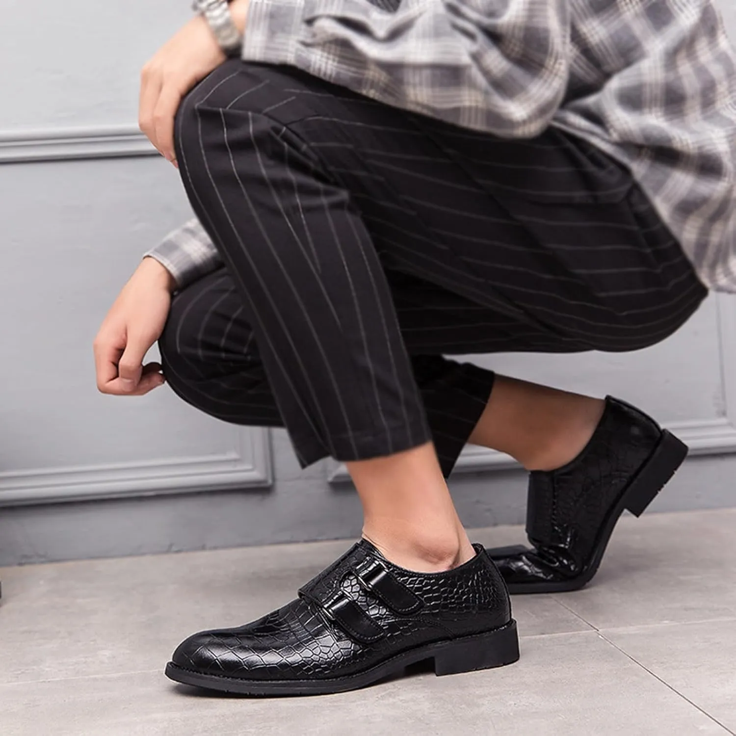 Men's Leather Print Slip-on Dressy Loafers,Fashion Double Monk Strap Business Casual Brogue Shoes,Comfortable Non-Slip Wedding Formal Shoes