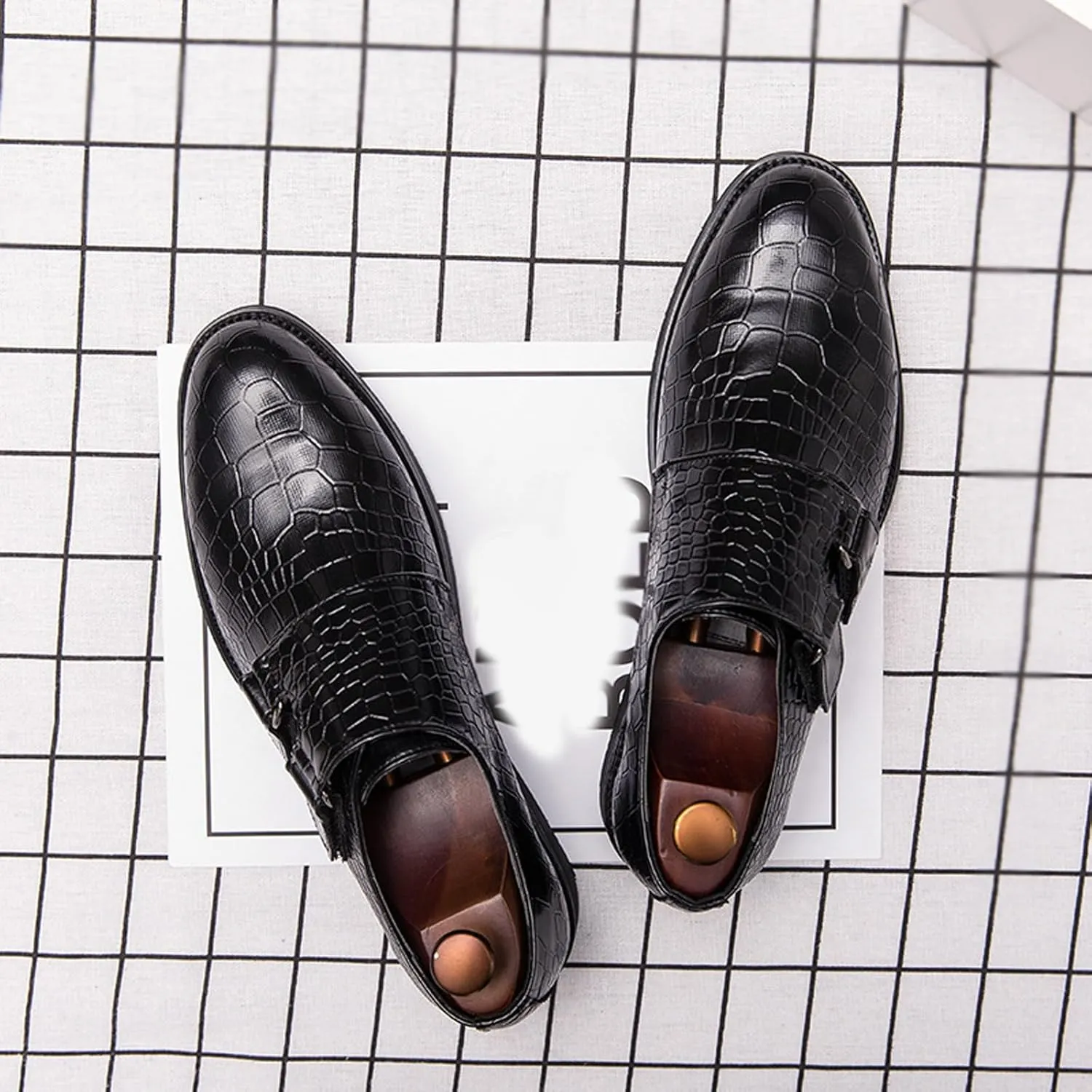 Men's Leather Print Slip-on Dressy Loafers,Fashion Double Monk Strap Business Casual Brogue Shoes,Comfortable Non-Slip Wedding Formal Shoes