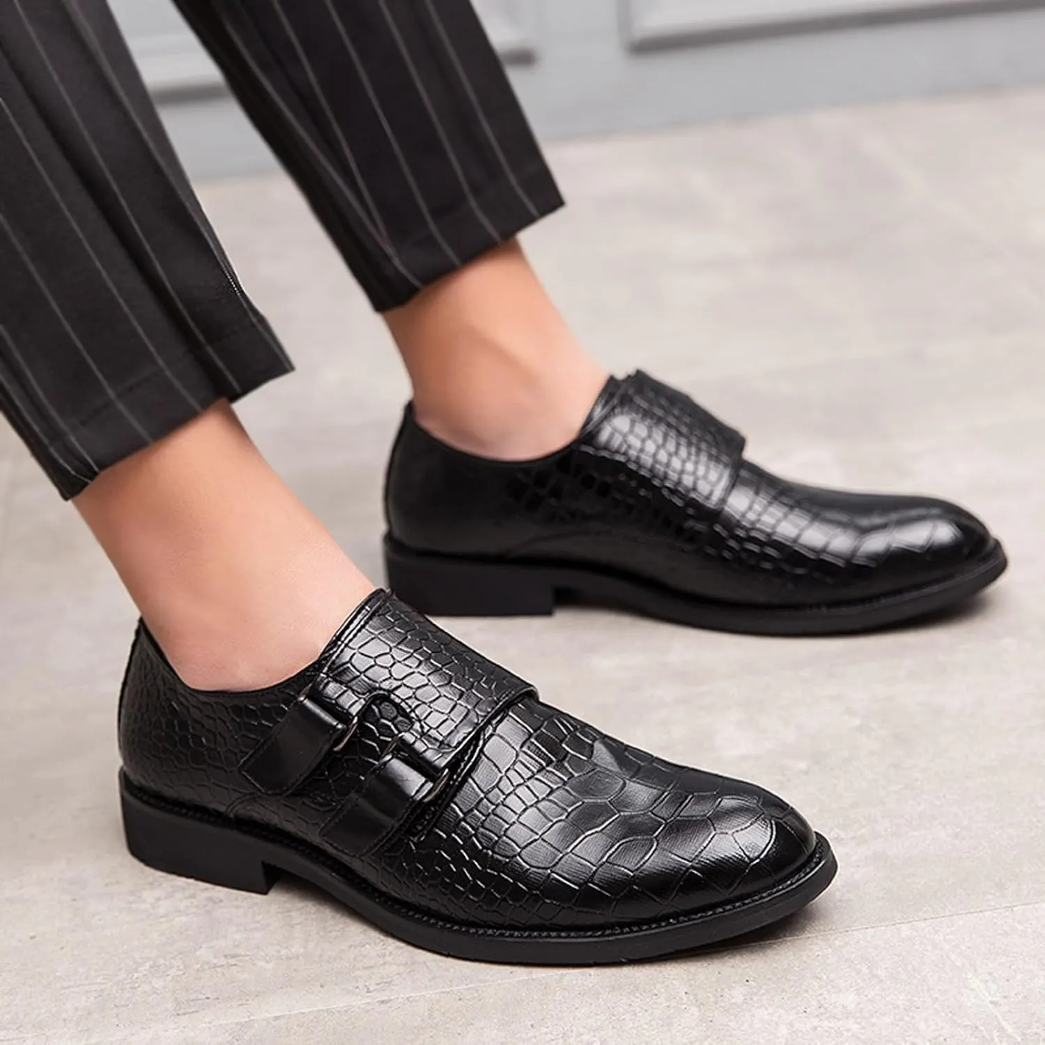 Men's Leather Print Slip-on Dressy Loafers,Fashion Double Monk Strap Business Casual Brogue Shoes,Comfortable Non-Slip Wedding Formal Shoes