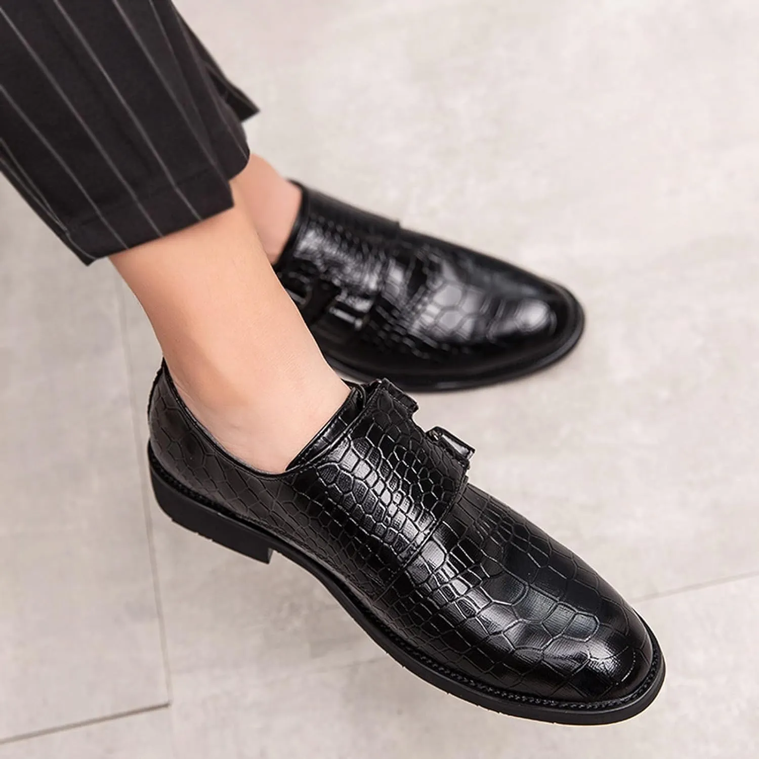 Men's Leather Print Slip-on Dressy Loafers,Fashion Double Monk Strap Business Casual Brogue Shoes,Comfortable Non-Slip Wedding Formal Shoes