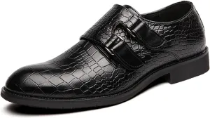 Men's Leather Print Slip-on Dressy Loafers,Fashion Double Monk Strap Business Casual Brogue Shoes,Comfortable Non-Slip Wedding Formal Shoes