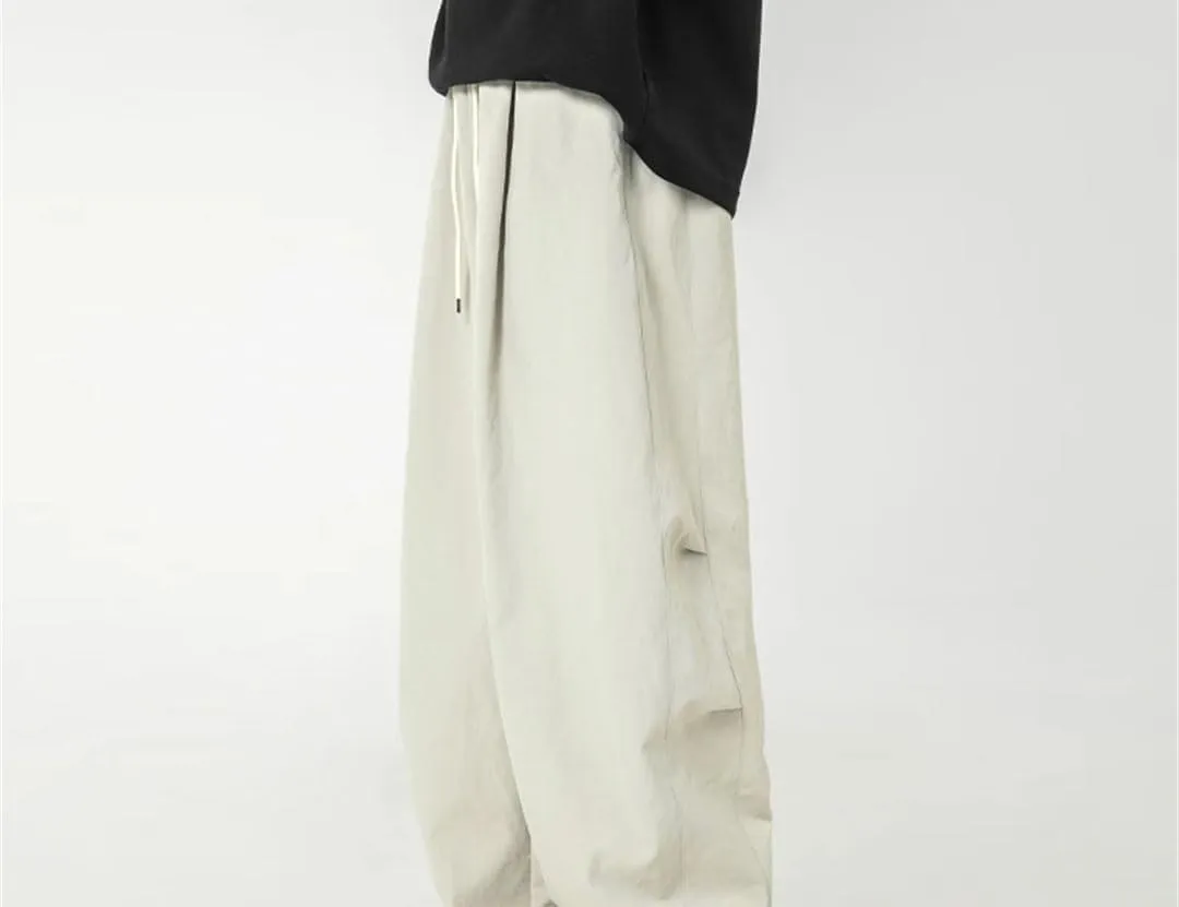 Men's Wide-Leg Retro Casual Pants with Embroidery and Drawstring Waist High Street Fashion Trousers