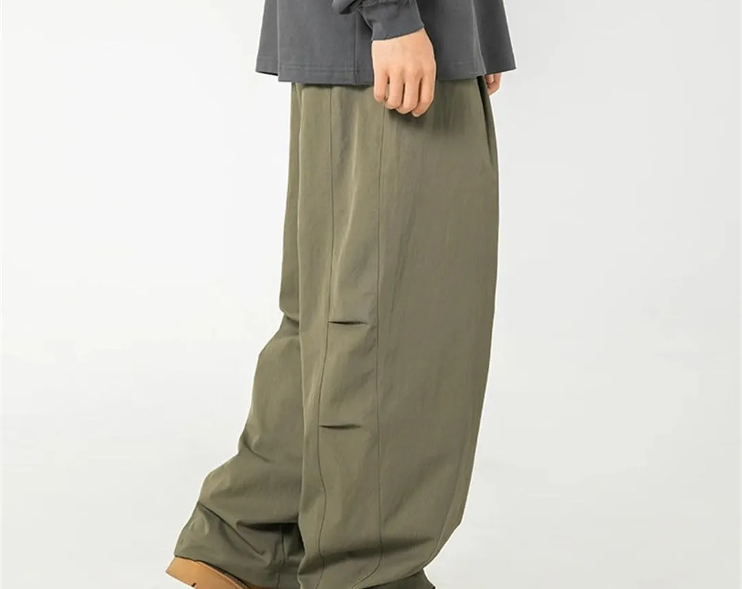 Men's Wide-Leg Retro Casual Pants with Embroidery and Drawstring Waist High Street Fashion Trousers