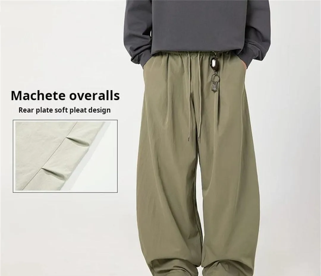 Men's Wide-Leg Retro Casual Pants with Embroidery and Drawstring Waist High Street Fashion Trousers