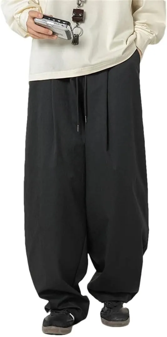 Men's Wide-Leg Retro Casual Pants with Embroidery and Drawstring Waist High Street Fashion Trousers