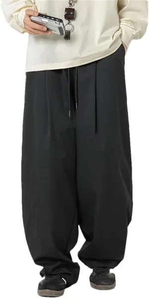 Men's Wide-Leg Retro Casual Pants with Embroidery and Drawstring Waist High Street Fashion Trousers